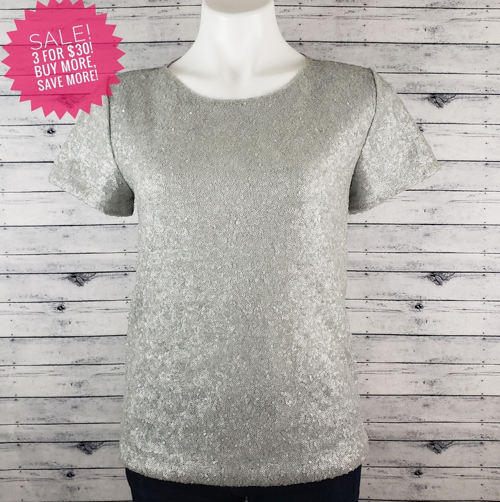 Ann Taylor Silver Sequin Front Crewneck Tee Sz S
